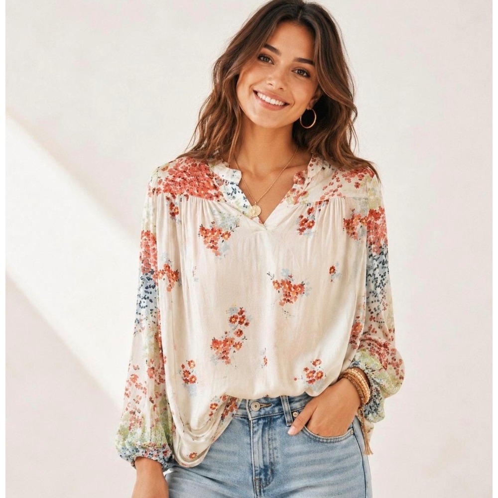 Lucky Brand Peasant Blouse Womens Small White Floral Split V-Neck Bishop Sleeve